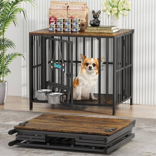 Easycom 27" Foldable Dog Crate Furniture, No Assembly, Rustic Brown (DC108) | Decorative Wooden Dog Kennel Indoor With Adjustable Bowls and Name Tag, Small Dogs (Under 20 lb), End Table