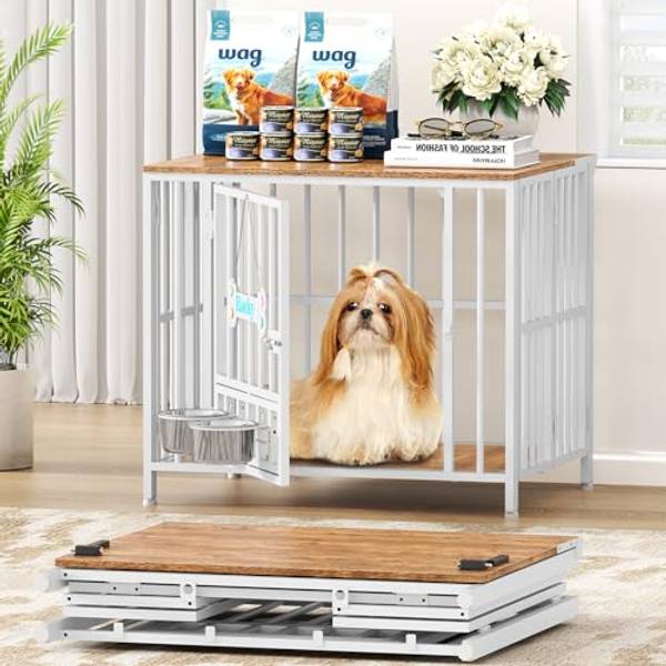 Easycom 27" Foldable Dog Crate Furniture, White & Beech (DC108) | Under 20 lbs, No Assembly, Decorative Wooden Dog Kennel Indoor With Adjustable Bowls and Name Tag, Small Dogs , End Table