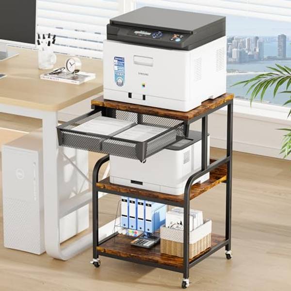EasyCom Large Printer Stand with Drawer, 3-Tier Industrial Rolling Cart | 5 Adjustable Shelves, Mobile Printer Table for Desk & Home Office, Fits 3D Printer, Scanner and Fax Machine Rustic Brown