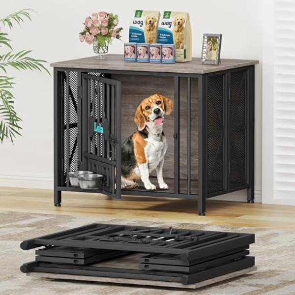 Easycom31.5''Assembly-Free Dog Crate, Dog Kennel with Tag & Bowls (DC107) | Foldable Dog Crate Furniture for Medium Dogs, Decorative Wooden Dog Cage Use as TV Stand, Oak Grey