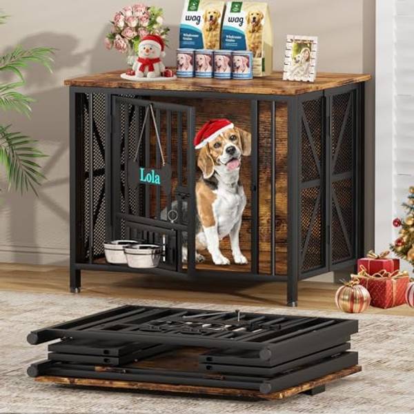 Easycom31.5''Assembly-Free Dog Crate, Dog Kennel with Tag & Bowls (DC107) | Foldable Dog Crate Furniture for Medium Dogs, Decorative Wooden Dog Cage Use as TV Stand, Rustic Brown