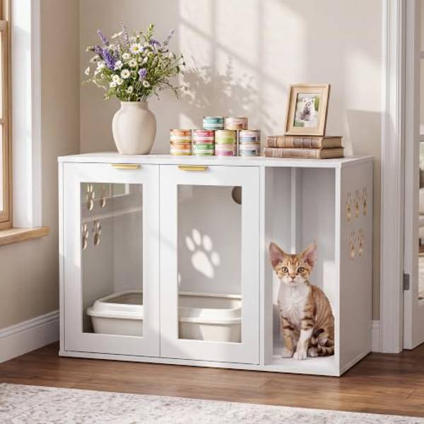 EasyCom 31.5" Cat Litter Box Enclosure Furniture Fit Standard Boxes(CE004) | Compact Hidden Litter Box Cabinet for Apartment, Litter Collector with Clear Doors for Living Room, Bedroom, Entryway, White
