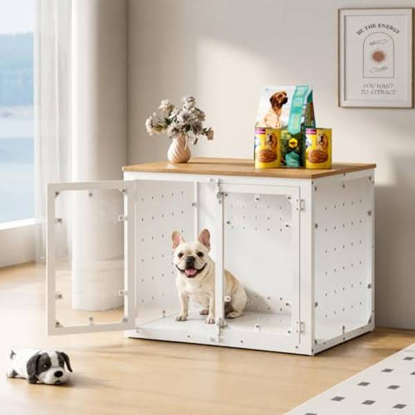 Easycom 31.5" Transparent Furniture Dog Crate for Small Dogs, with Cushion | Modern Indoor Dog Kennel Relieve Anxiety, Sturdy Wooden End Side Table TV Stand fits Living room and Bedroom, White & Natural