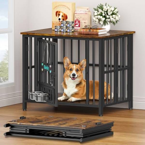 Easycom 31" Dog Crate Furniture Foldable, No Assembly, Rustic Brown (DC108) | 20-35 lbs, Decorative Wooden Dog Kennel Indoor With Adjustable Bowls and Name Tag, Medium Dogs, End Table