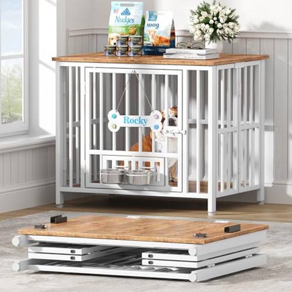 Easycom Foldable Dog Crate Furniture for Medium Dogs, White & Beech (DC108) | 20-35 LBS, 31" Dog Cage with Adjustable Bowls and Name Tag, No Assembly Decorative Wooden Dog Kennel Indoor, End Table