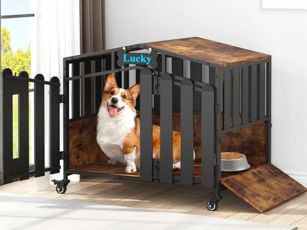 EasyCom 31" Dog Crate on Lockable Wheels, Dogs Cage with Name Tag (DC201) | Dog Crate Furniture for Small Dog, Wooden Dog Kennel with Feeding Window & High Roof, Dog House, Rustic Brown
