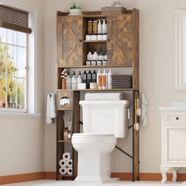 EasyCom 32" W Over The Toilet Storage Cabinet with Adjustable Shelves,Brown | Freestanding Bathroom Organizer,Metal Frame,7 Storage Shelves,Paper Holder,Space Saving,Easy Access,Farmhouse Style Storage