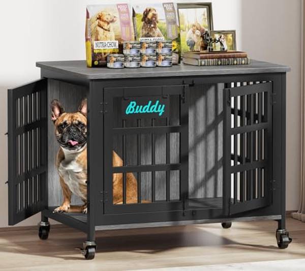 EasyCom 32 in Heavy Duty Dog Crate Furniture with Name Tag (DC103) | Dog Crate on Lockable Wheels,M Wooden Dog Kennel for High Anxiety Dog, and Functions As a Decorative Dog Cage Sofa Side Table
