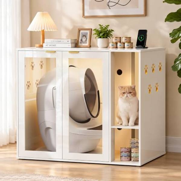 EasyCom 39.4" Large Automatic Cat Litter Box Enclosure Furniture(CE003) | Hidden Self-Cleaning Robot Cabinet with Rotating Base, Power Outlet & 7 RGB Light, Litter Collector and Storage Shelf, White