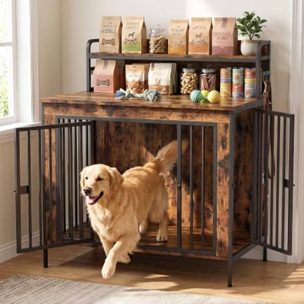 EasyCom 40" Large/Medium Dog Crate Furniture with Storage Shelf (DC109) | Dog Kennel with Ample Storage Space and 4 Adjustable Hooks,Double Doors,10mm Iron Tubes,220lb Tabletop,40"Lx23.6"Wx44.3"H