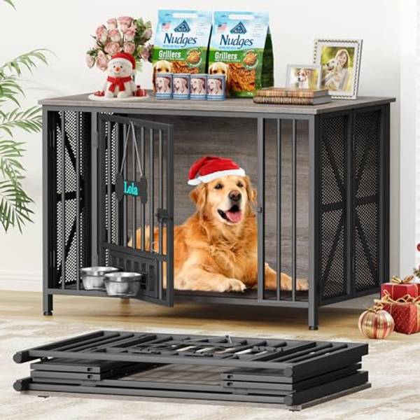Easycom 41.3''Assembly-Free Dog Crate, Dog Kennel with Tag & Bowls (DC107) | Foldable Dog Crate Furniture for Large Dogs, Decorative Wooden Dog Cage Use as TV Stand, Oak Grey