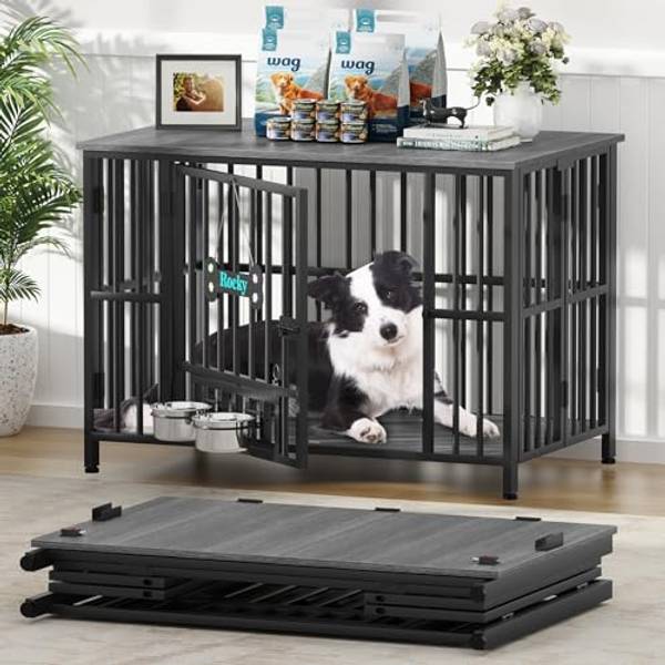 Easycom 41" Foldable Dog Crate Furniture for Large Dogs, Dark Grey (DC108) | 35-60 LBS, Dog Cage with Adjustable Bowls and Name Tag, No Assembly Decorative Wooden Dog Kennel Indoor, End Table