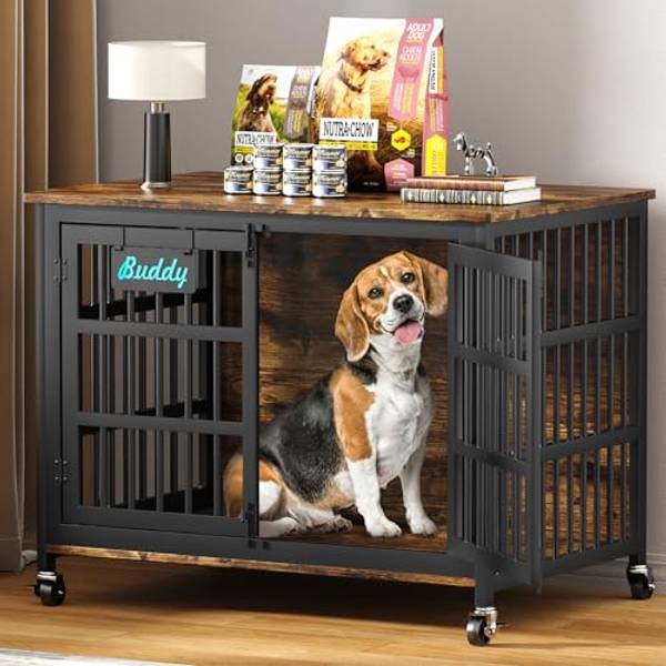 EasyCom 41 in Heavy Duty Dog Crate Furniture on Lockable Wheels (DC103) | Personalized Name Tag, L Wooden Dog Kennel for High Anxiety Dog, and Functions As a Decorative Dog Cage Sofa Side Table