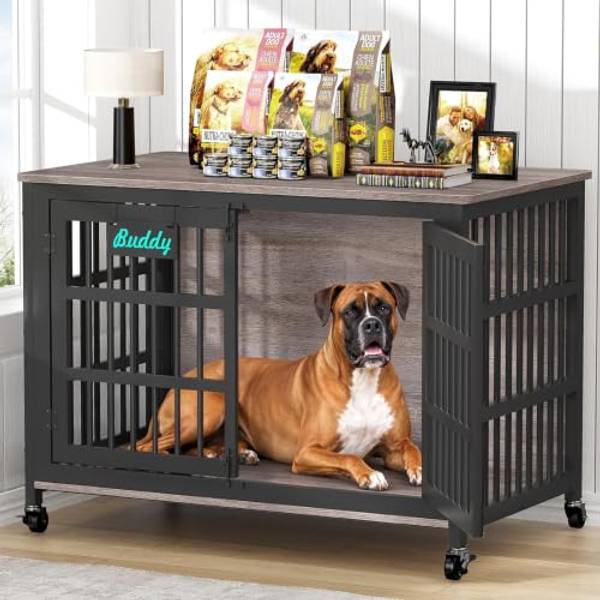EasyCom 46 in Heavy Duty Dog Crate Furniture on Lockable Wheels (DC103) | Personalized Name Tag, XXL Wooden Dog Kennel for High Anxiety Dog, and Functions As a Decorative Dog Cage Sofa Side Table