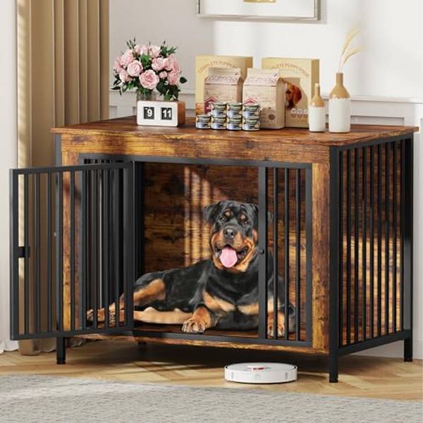 EasyCom 47.24" Dog Crate Furniture for 1 or 2 Dogs, Brown (DC102) | 65-92 Pounds, Heavy Duty Single/Double Dog Crates, For Small/Medium/Large Dogs, Extra Large Size, Indoor as TV Stand