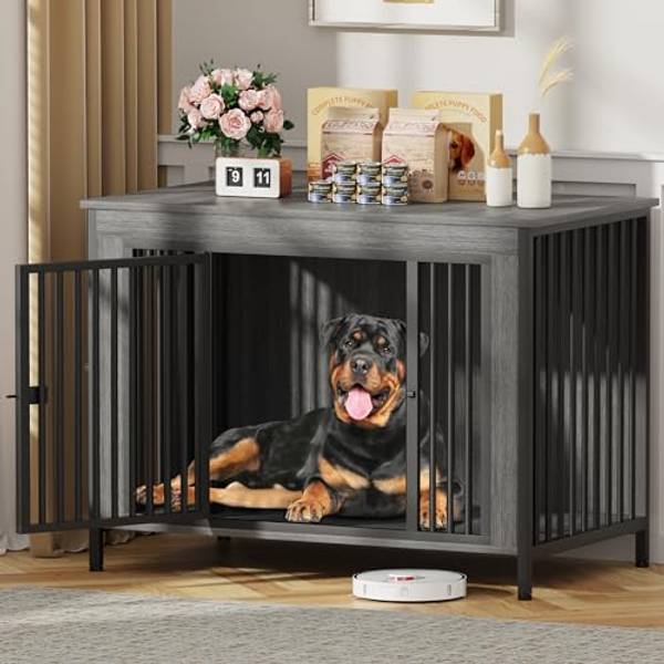 EasyCom 47.24" Dog Crate Furniture for 1 or 2 Dogs, Dark Grey (DC102) | 65-92 Pounds, Heavy Duty Single/Double Dog Crates, For Small/Medium/Large Dogs, Extra Large Size, Indoor as TV Stand