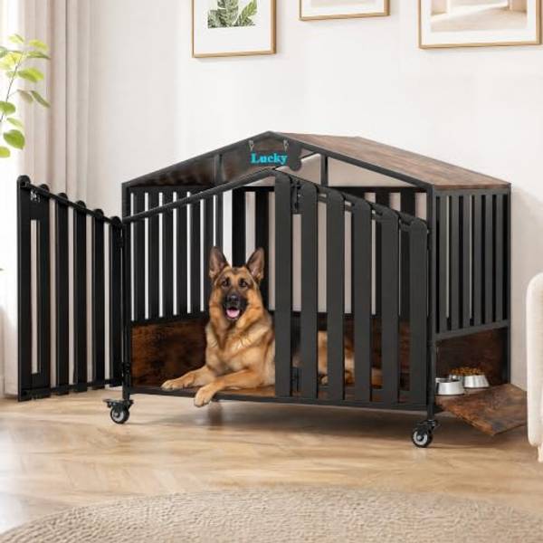 EasyCom 48" Dog Crate on Lockable Wheels, Dogs Cage with Name Tag (DC201)