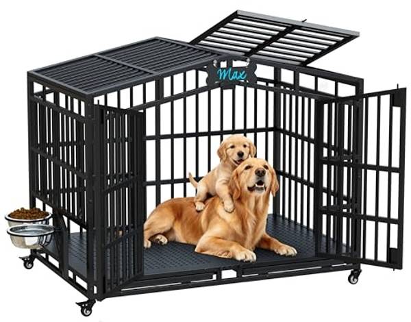 EasyCom 54'' Heavy Duty Indestructible Dog Crate XXL - Extra Large Metal Dog Kennel with Open Top, 2 Adjustable Bowls & Lockable Wheels, Escape Proof Indoor Cage for High Anxiety Big XL Large Breeds