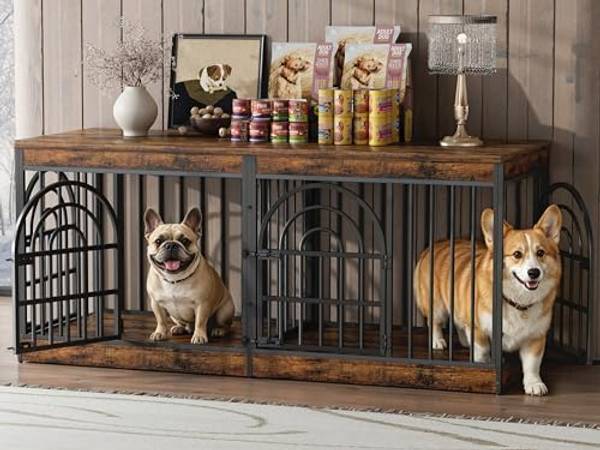 EasyCom 63" Wooden Double Dog Crate Furniture for 1-2 Dogs (DC105) | Removable Divider, Retro Round Door, Fits Small & Medium Dogs, End Table TV Stand