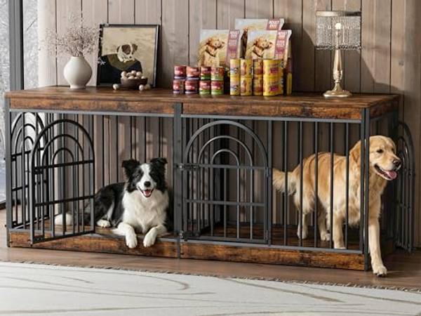 EasyCom 72" Wooden Double Dog Crate Furniture for 1-2 Dogs (DC105) | Removable Divider, Retro Round Door, Fits Medium & Large Dogs, End Table TV Stand