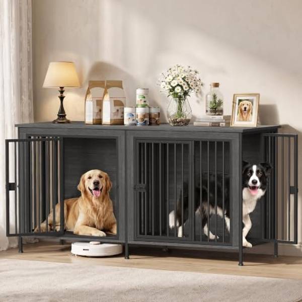EasyCom 78" Wooden Double Dog Crate with Divider & Raised Legs, Gray
