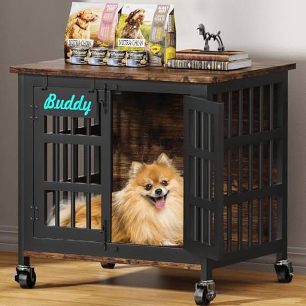 EasyCom Dog Crate Furniture with Name Tag, Heavy Duty Dog Kennel Indoor for Small Dogs, Double-Doors Sturdy Dog Cage for Anxiety Dog, Decorate House as TV Stand, End Table, Bedside Table, Brown