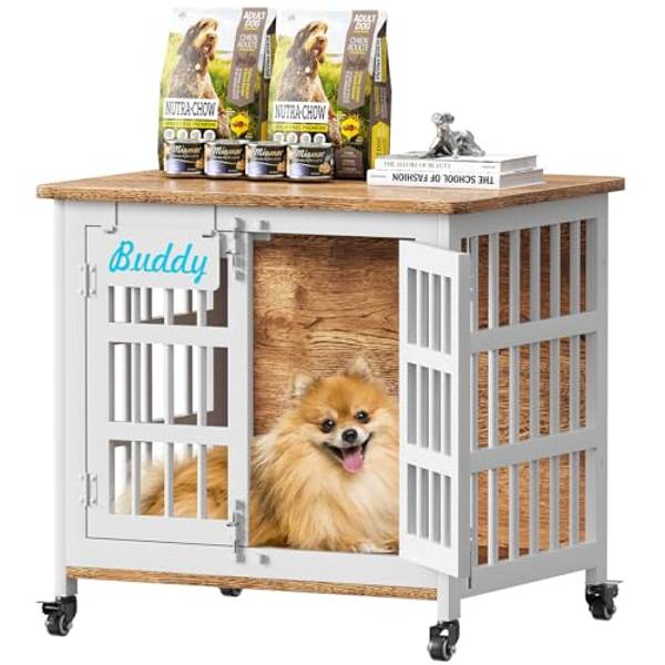 EasyCom Dog Crate Furniture with Name Tag, Heavy Duty Dog Kennel Indoor for Small Dogs, Double-Doors Sturdy Dog Cage for Anxiety Dog, Decorate House as TV Stand, End Table, Bedside Table,White & Beech