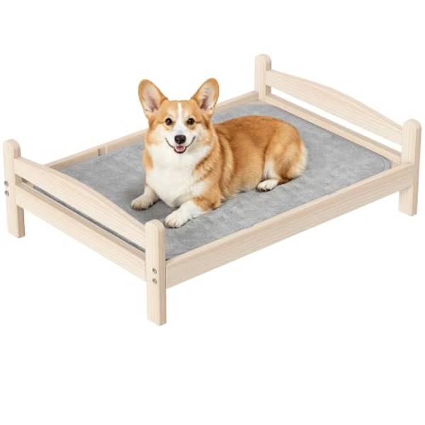 Elevated Dog Bed with Mat for Medium Dogs,Solid Wood,Spine-Friendly Design