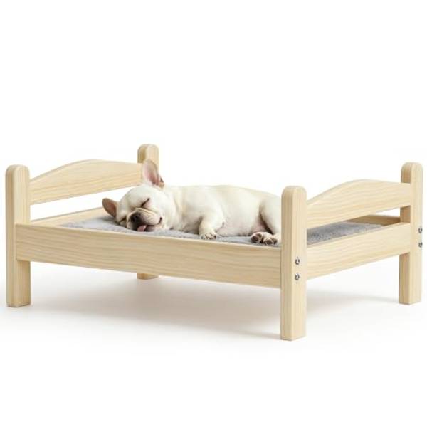 Elevated Dog Bed with Mat for Small Dogs,Solid Wood,Spine-Friendly Design | Full-Body Support,Near-You Companion Design,Up to 50 Lbs, 26"x20", Non-Slip Mat, Durable,Deep Sleep Bed for Dogs