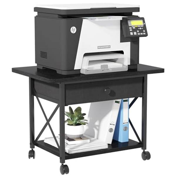 EasyCom Large Printer Stand with Fabric Storage Drawer and Locking Wheels | 2-Tier Shelf Rolling Cart, Under Desk or Desktop Printer Table for Home Office Fits 3D Printer Scanner, 23.6" x 15.7" Black