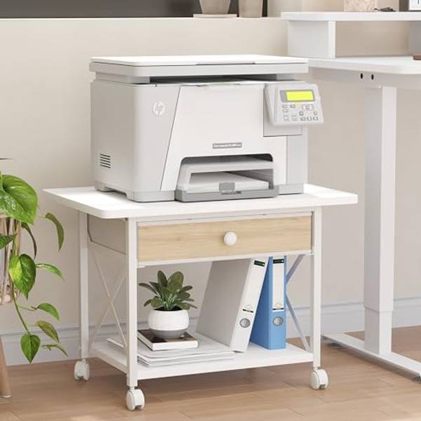 EasyCom Large Printer Stand with Fabric Storage Drawer and Locking Wheels