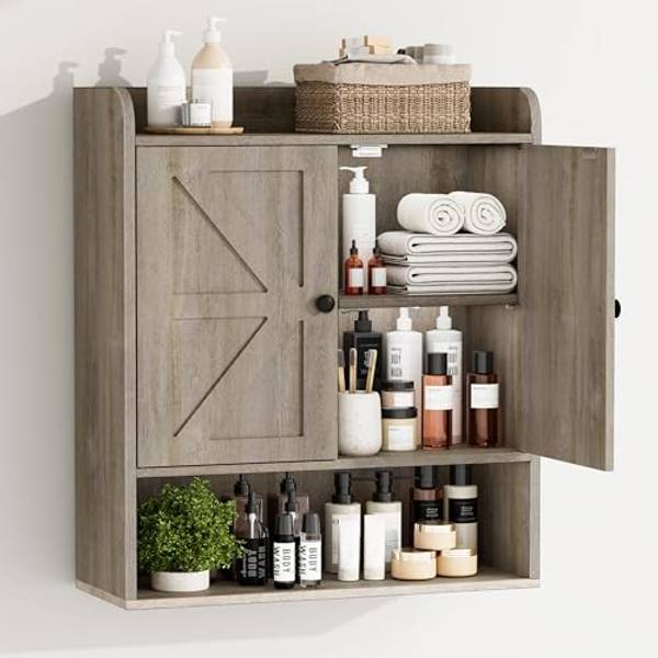Bathroom Wall Cabinet, Oak Grey Over-Toilet Storage with Adjustable Shelves | Farmhouse Oak Grey Finish, Adjustable Shelves, Moisture-proof, Easy 20-min Install, Over-toilet Storage for Small Bathrooms
