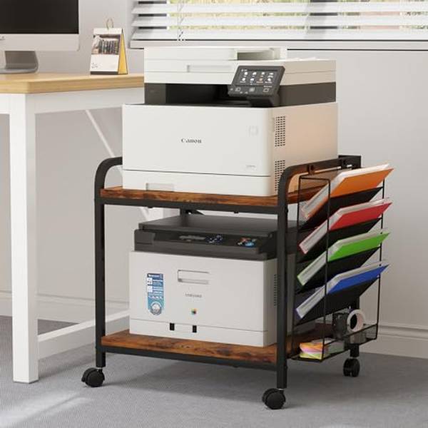 EasyCom Large Printer Stand with Storage, File Holder & Wheels, Brown